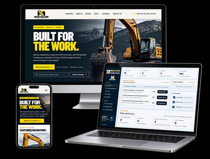 Dealer website and BigEquipCo Command Center shown on desktop, laptop and mobile