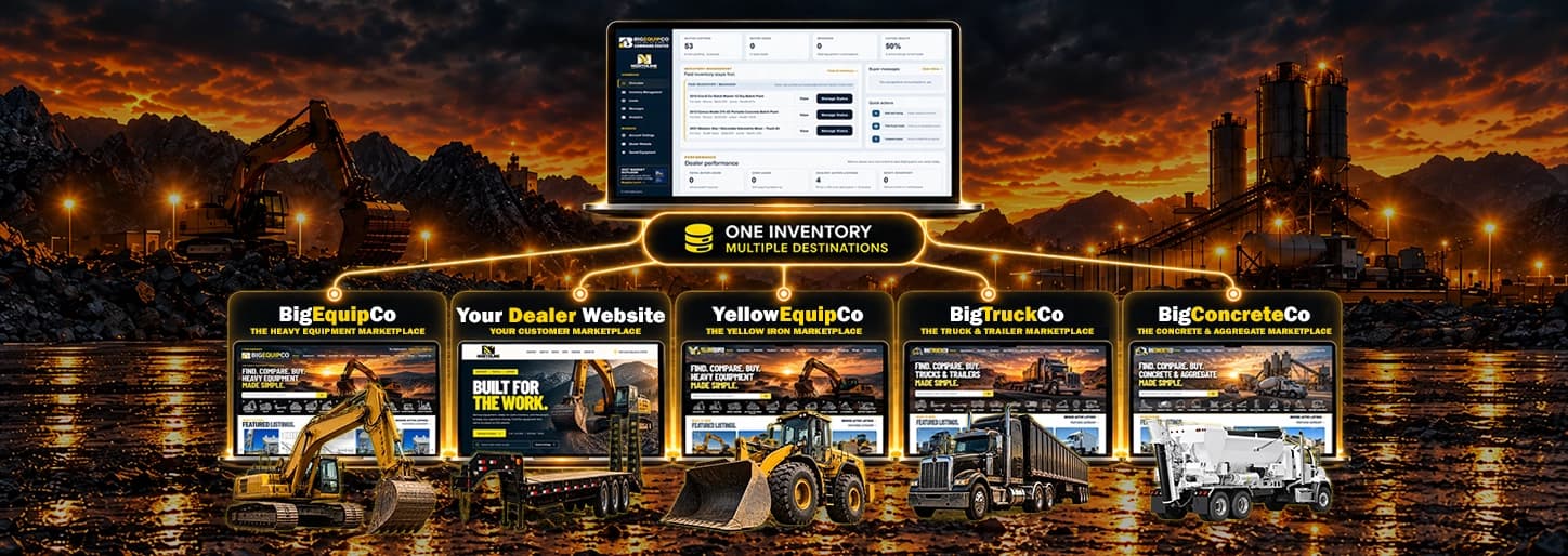 One equipment inventory flowing to BigEquipCo, a dealer website, YellowEquipCo, BigTruckCo and BigConcreteCo