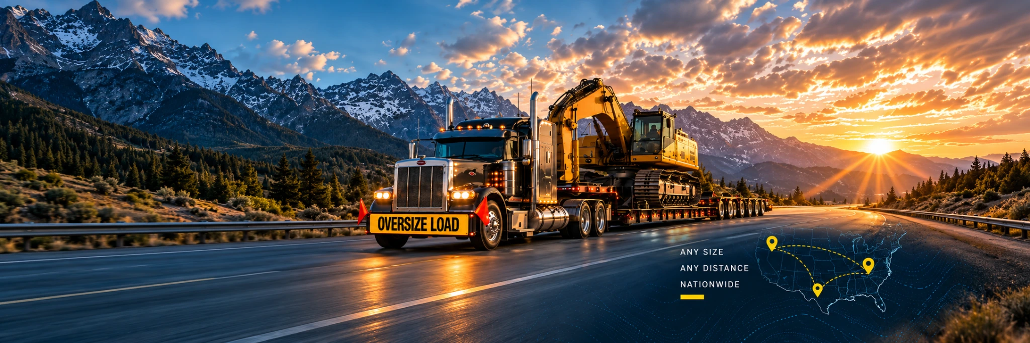 Oversize equipment traveling by truck through the mountains, with a map showing nationwide delivery for any size and distance.